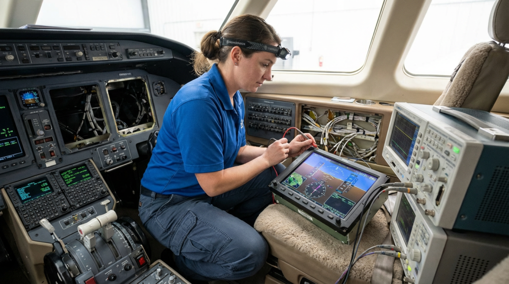 An avionics technician at work in a corporate jet